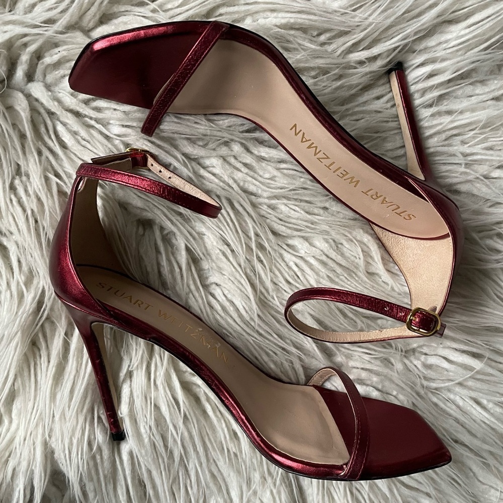 Stuart Weitzman Metallic Red Leather Nudistcurve 100mm Heeled Strap Sandal Sz 9 - Picture 6 of 12